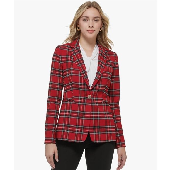 Tommy Hilfiger Plaid One-Button Blue Red Blazer Size 4‎ nwot - Picture 1 of 10